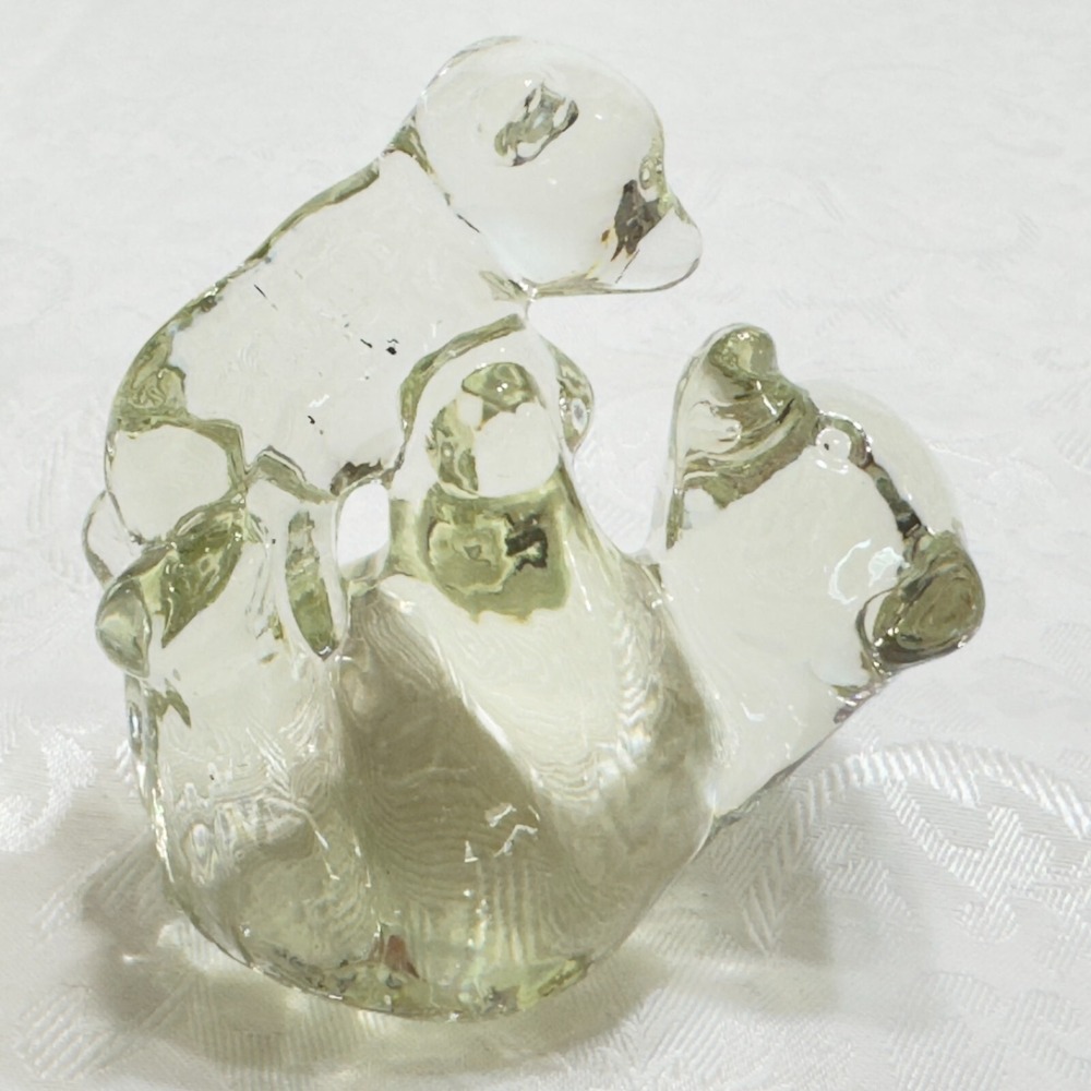 Solid Clear Glass Mother Polar Bear Holding Baby Cub Mama Figurine Paperweight